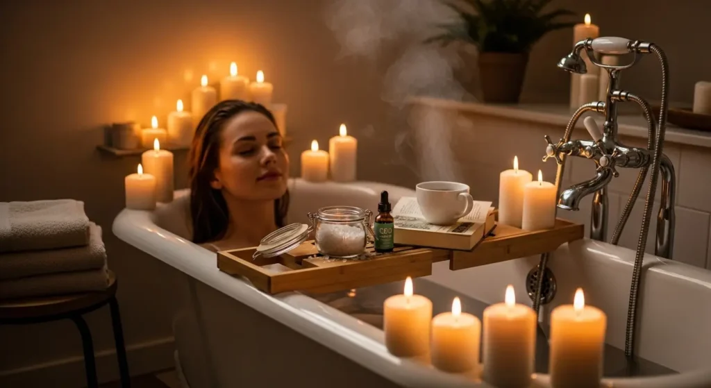 "Self-care bath routine USA 2025 with magnesium soaks bath bombs and therapeutic oils for stress relief."