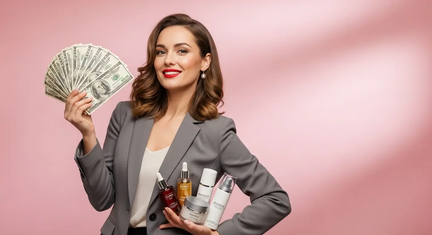 Confident American woman with red lips showcasing beauty hacks and money saving tips for 2025