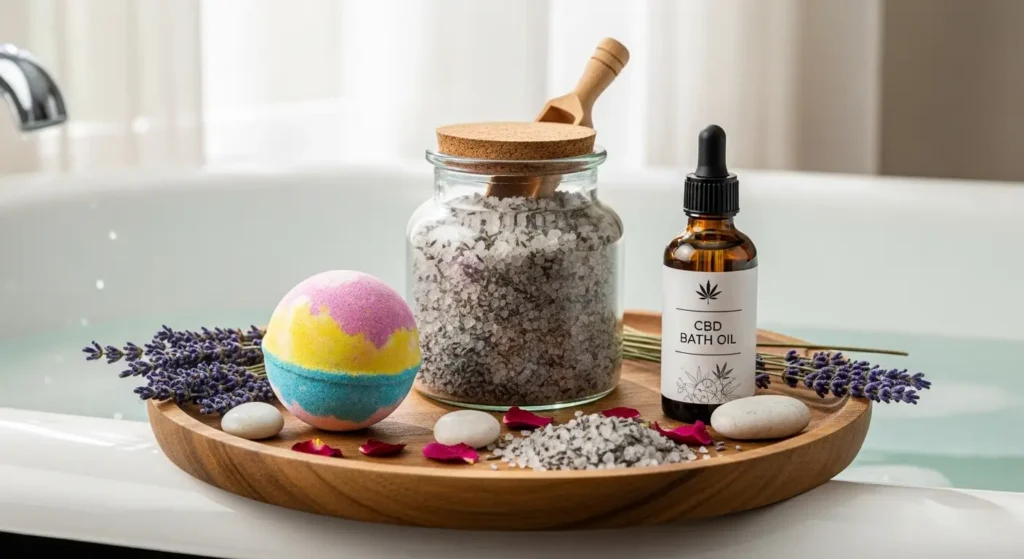 Different types of CBD bath products: bath bombs, salts, and oils