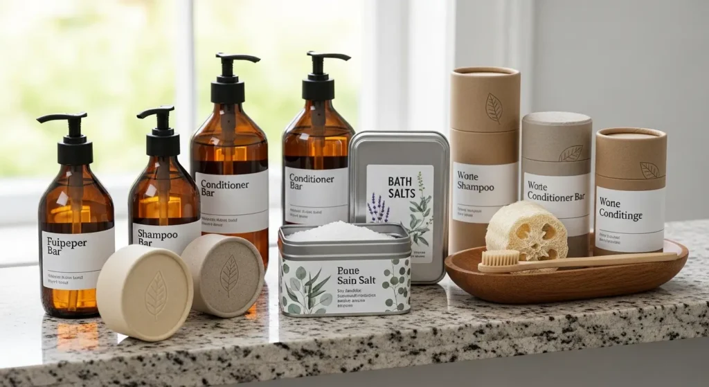 "Clean beauty bath products USA 2025 with eco-friendly packaging and sustainable refillable options."
