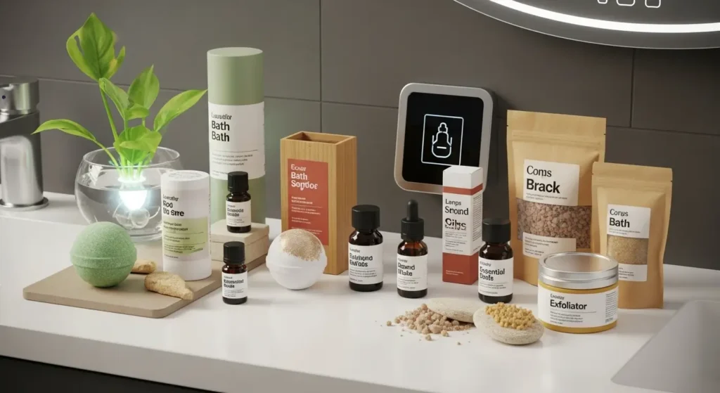 "Future bath product trends USA 2025 focusing on natural ingredients therapeutic benefits and sustainable packaging."