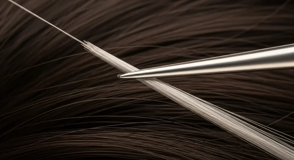 “Close-up of gray hair strand being plucked with tweezers  debunking US haircare myth about gray hair growth.”