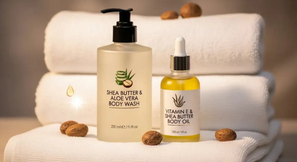 "Nourishing body washes and oils USA with shea butter aloe vera and vitamins for hydrated glowing skin."