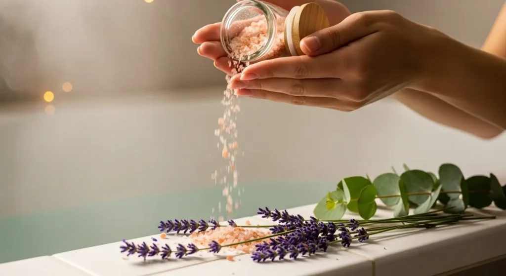 "Therapeutic bath salts and soaks USA with Himalayan pink salt and magnesium for stress relief and muscle relaxation."