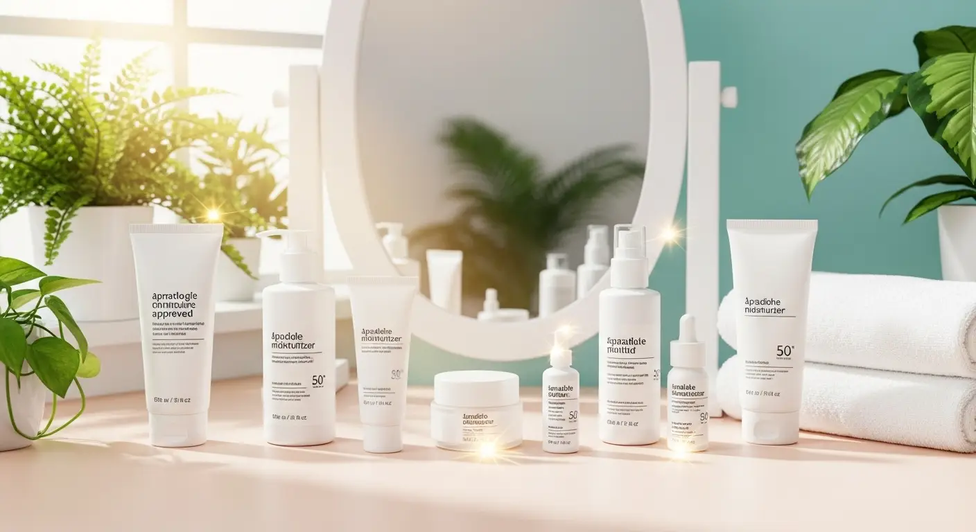 A bright and inviting vanity scene with an aesthetic balance of affordable skincare products (moisturizers, cleansers, sunscreens, serums) in clean, minimal packaging. Arrange them alongside soft elements like green plants, fresh white towels, and glowing sunlight pouring through a window. Add a subtle glowing highlight around the products to symbolize dermatologist approval. Fresh pastel background (mint, peach, or soft beige) for a modern, Instagram-worthy look.