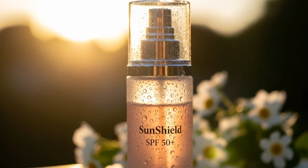 A close-up of a stylish SPF mist spray bottle with water droplets on the surface, backlit by warm sunlight. White flowers in the background for freshness. Bright, airy, light-themed aesthetic.