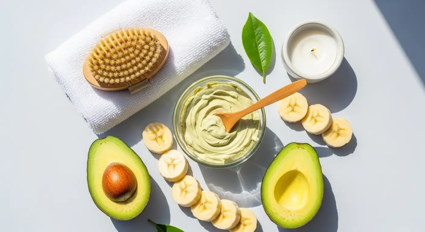 A fresh, vibrant flat-lay composition ripe avocado halves, sliced banana, a small glass bowl with a creamy green-yellow face mask mixture, a wooden spoon, and soft spa accessories (white towel, natural brush, small candle). Natural sunlight, clean minimal background, wellness and DIY beauty vibe, styled like a modern skincare editorial photo.