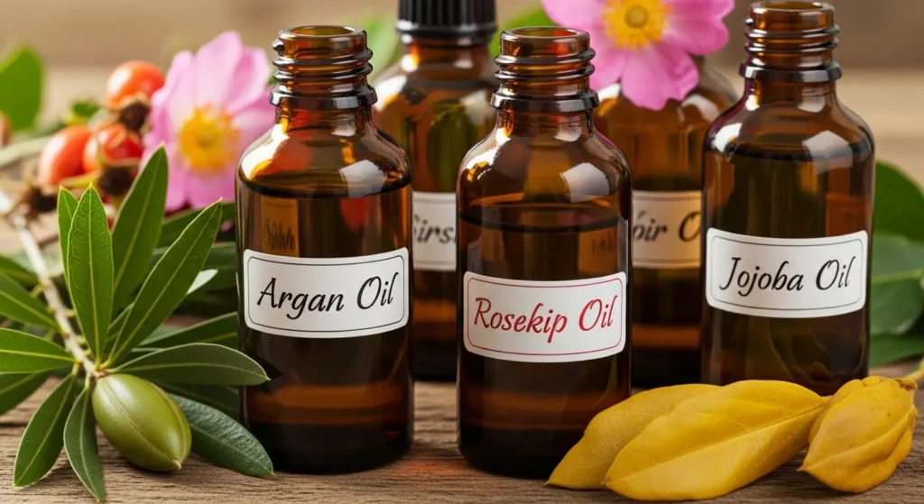 Several carrier oil bottles Argan oil , Rosehip oil with botanical leaves in the background
