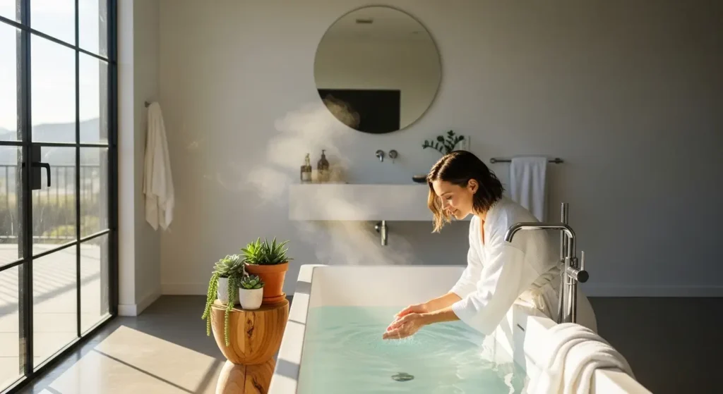 “Relaxed person lying in water, stress relief from magnesium soak”