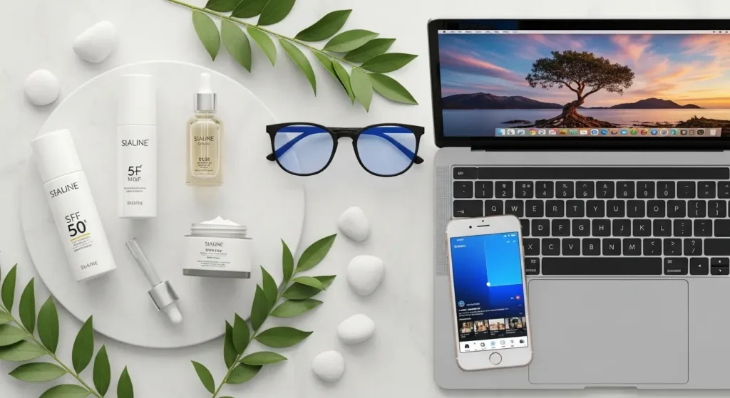 Diagram illustrating how blue light penetrates skin layers and affects collagen