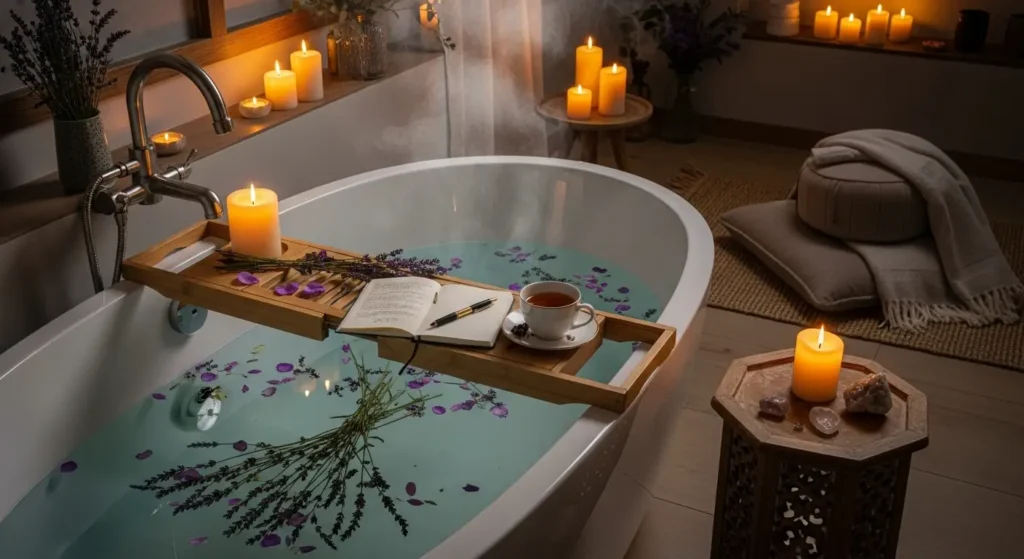 Caution sign over bath or medical consultation for bath safety”