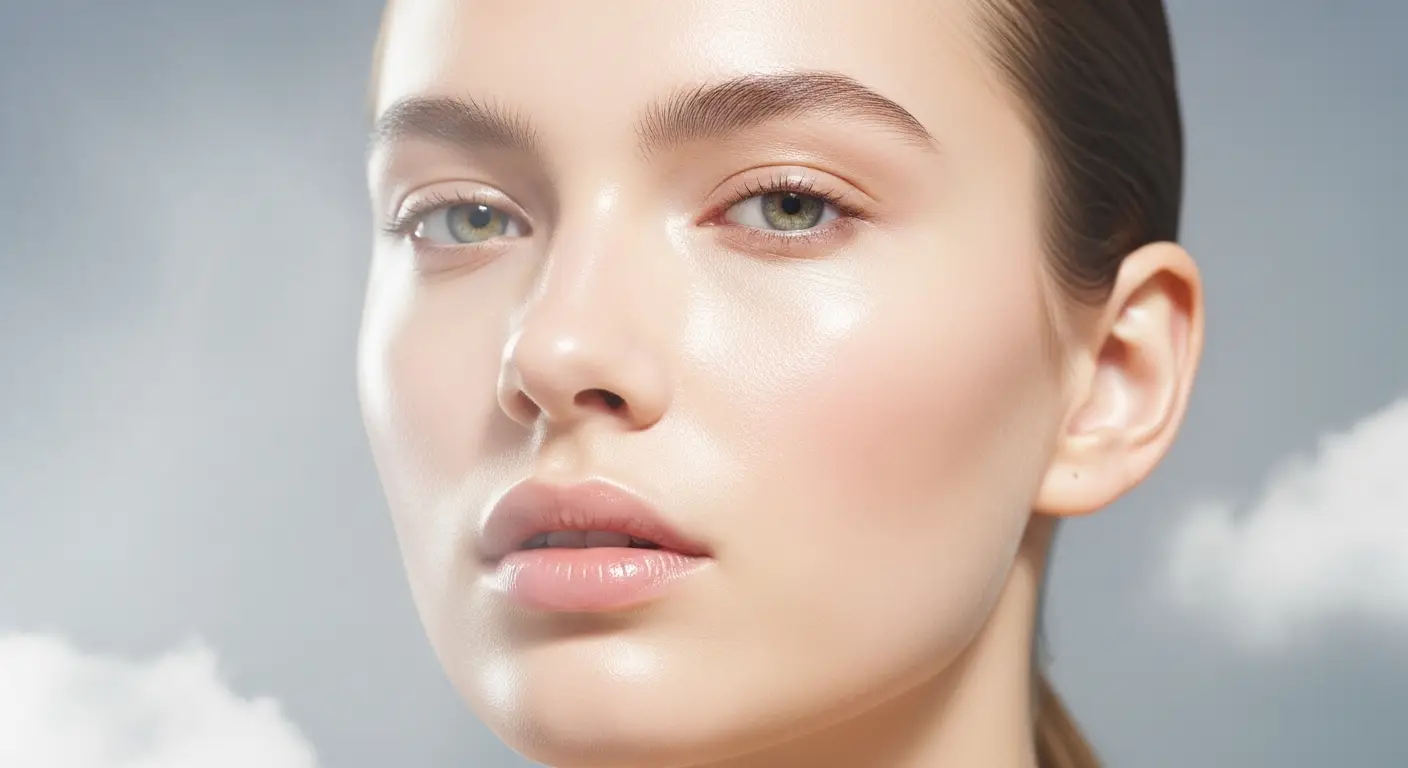 "Soft, ethereal close-up of a model with luminous, cloud-like skin texture—smooth, matte yet radiant glow. Minimal makeup, natural tones, airy lighting with dreamy soft-focus effect. Wisps of mist or clouds subtly in the background, symbolizing ‘cloud skin.’ High-resolution, editorial style, futuristic beauty aesthetic for 2025 skincare trends."