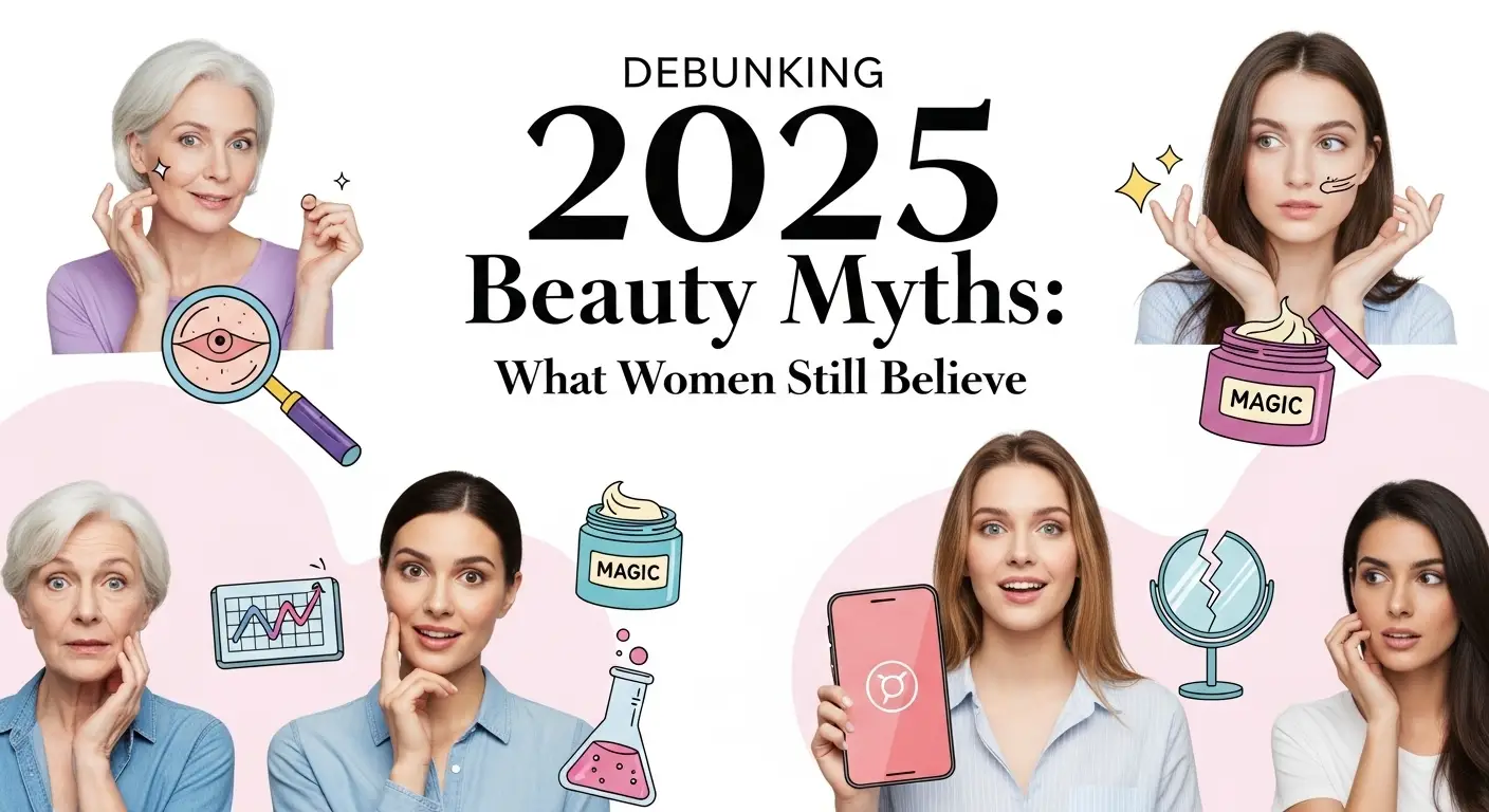 Woman looking thoughtfully at skincare products, representing common beauty myths women still believe in 2025.