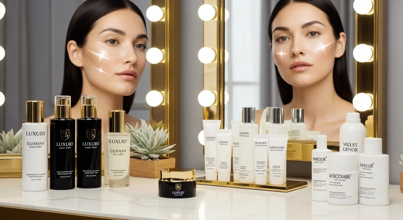 A luxurious vanity table with a mix of beauty products on one side, sleek high-end bottles with gold accents and luxury branding; on the other, simple affordable skincare in minimalist packaging. Both sides have the same glowing results shown by a woman’s reflection in the mirror—her skin looks radiant, showing that cost doesn’t define effectiveness. Bright, modern, editorial-style lighting with a neutral elegant background, magazine-cover aesthetic.