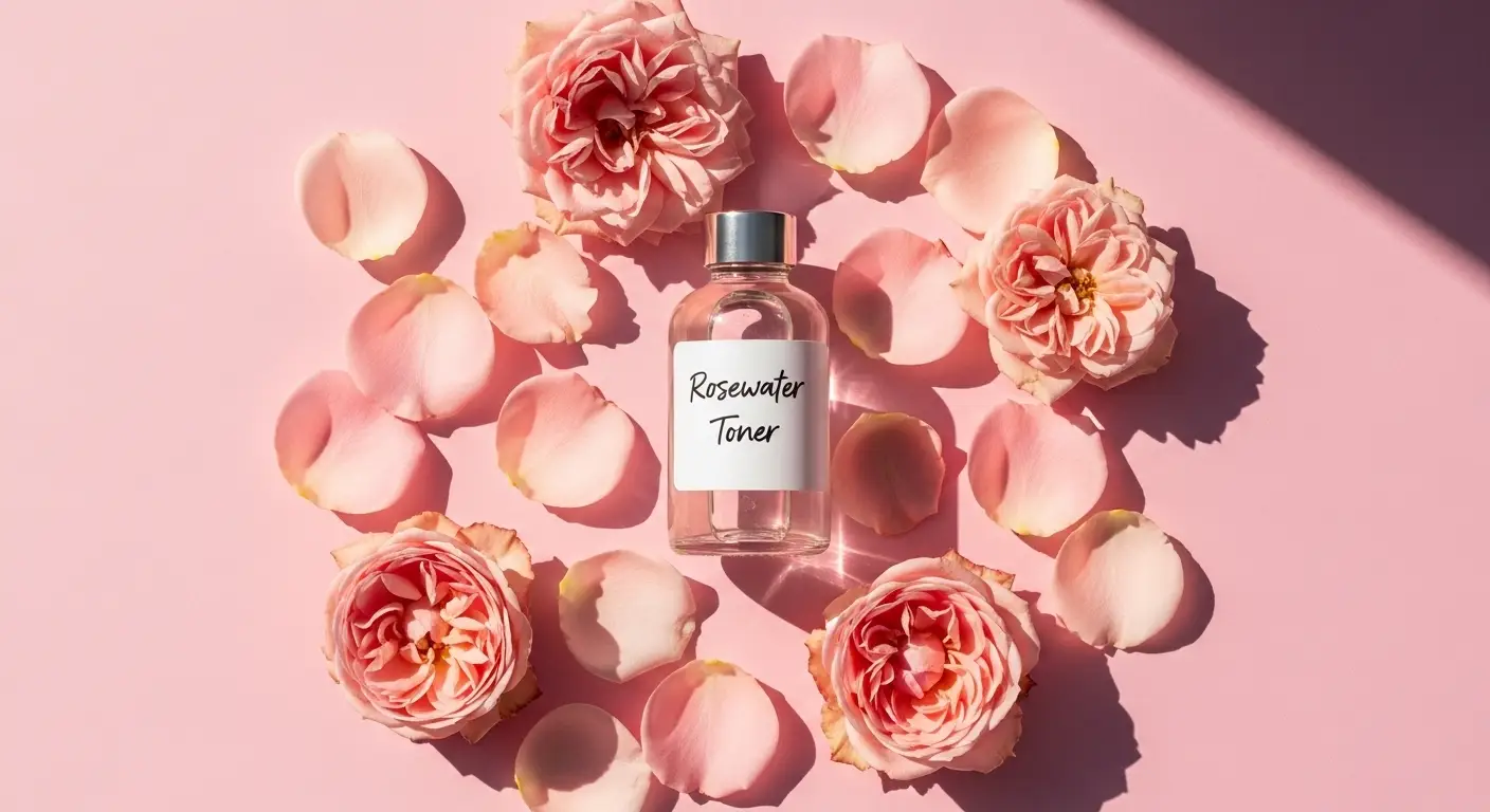 DIY rosewater toner bottle with fresh rose petals for glowing skin.