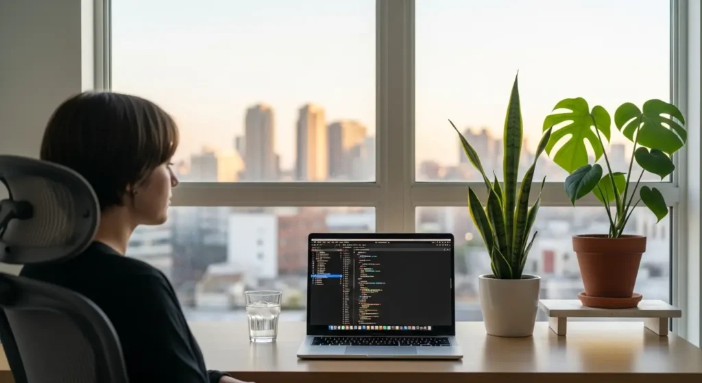“Person practicing the 20-20-20 rule to reduce screen time strain”