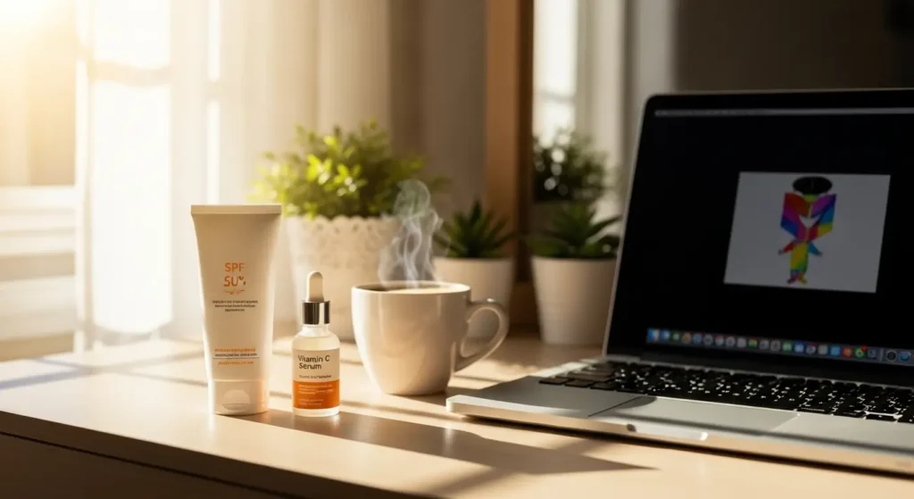Skincare products for morning routine: sunscreen and antioxidant serum