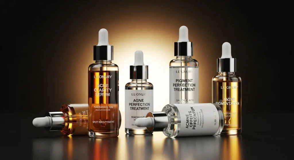 Simple affordable skincare routine layout ; cleanser, serum, moisturizer, and sunscreen under $15 USA