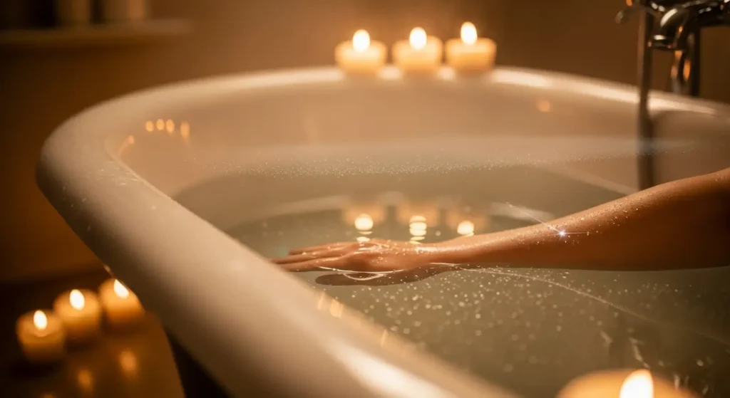 “Woman soaking in a warm magnesium bath, absorption through skin”