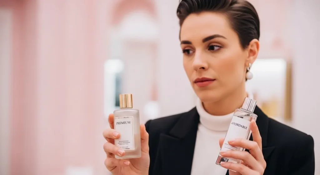 “Side-by-side comparison of luxury and drugstore skincare products”