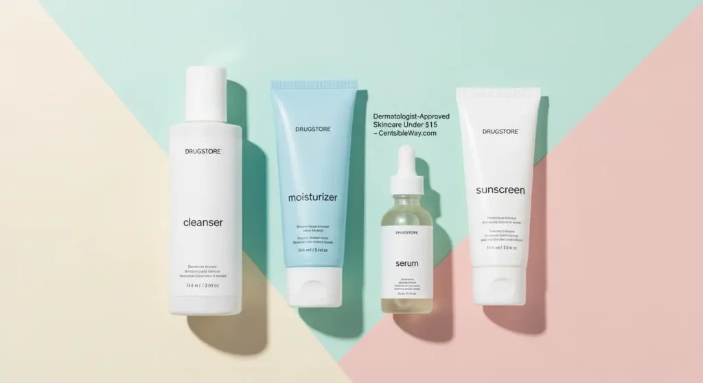 Affordable dermatologist-approved skincare staples under $15 in the USA – flat lay of cleansers, moisturizers, and sunscreen on pastel background
