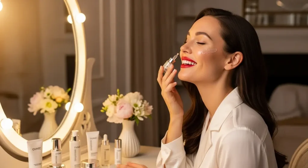 Woman with red lipstick applying skincare serum as part of her age-defying beauty routine
