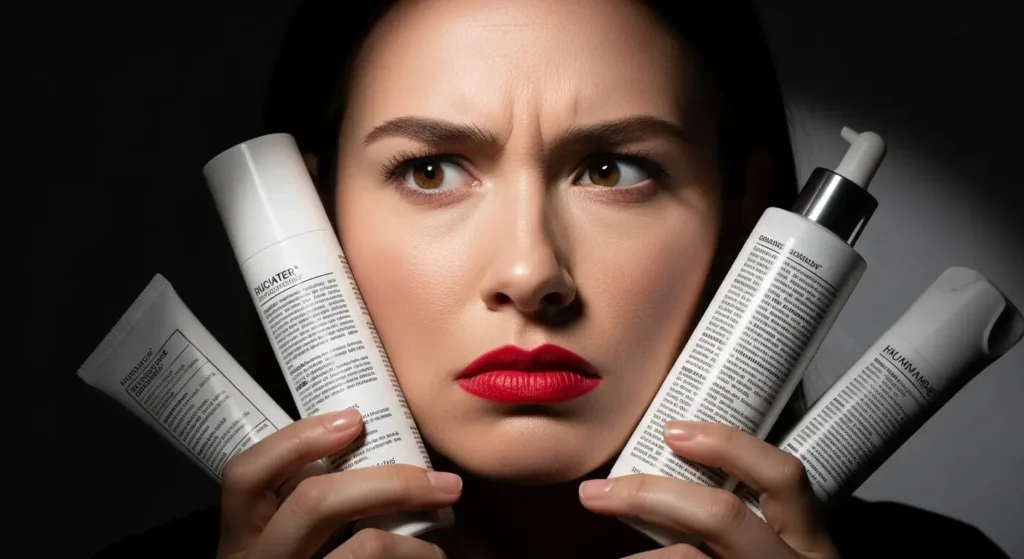 Alcohol-based skincare can age your skin woman with red lipstick reading ingredients