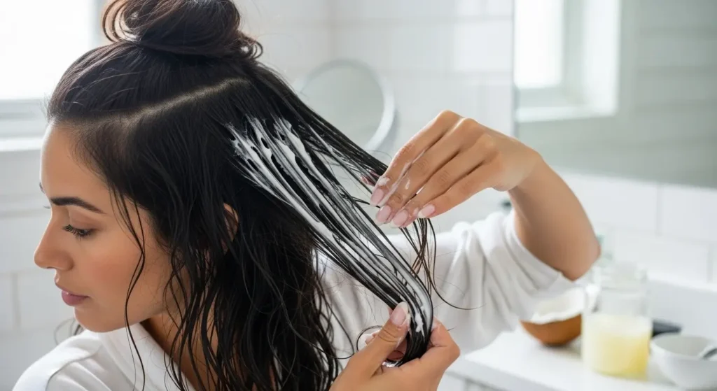 applying coconut oil hair mask to tame frizzy hair