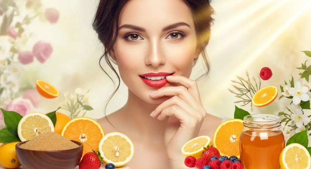 Woman with red lips smiling after using a natural lip scrub made from sugar and fruit oils.