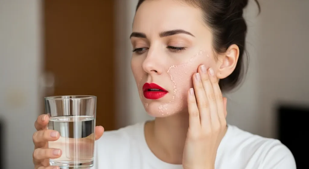 Dehydration contributes to aging woman with red lipstick and dry skin
