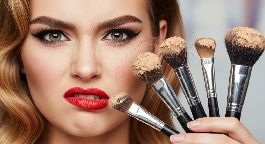 Dirty makeup brushes cause skin issues woman with red lips showing unclean tools