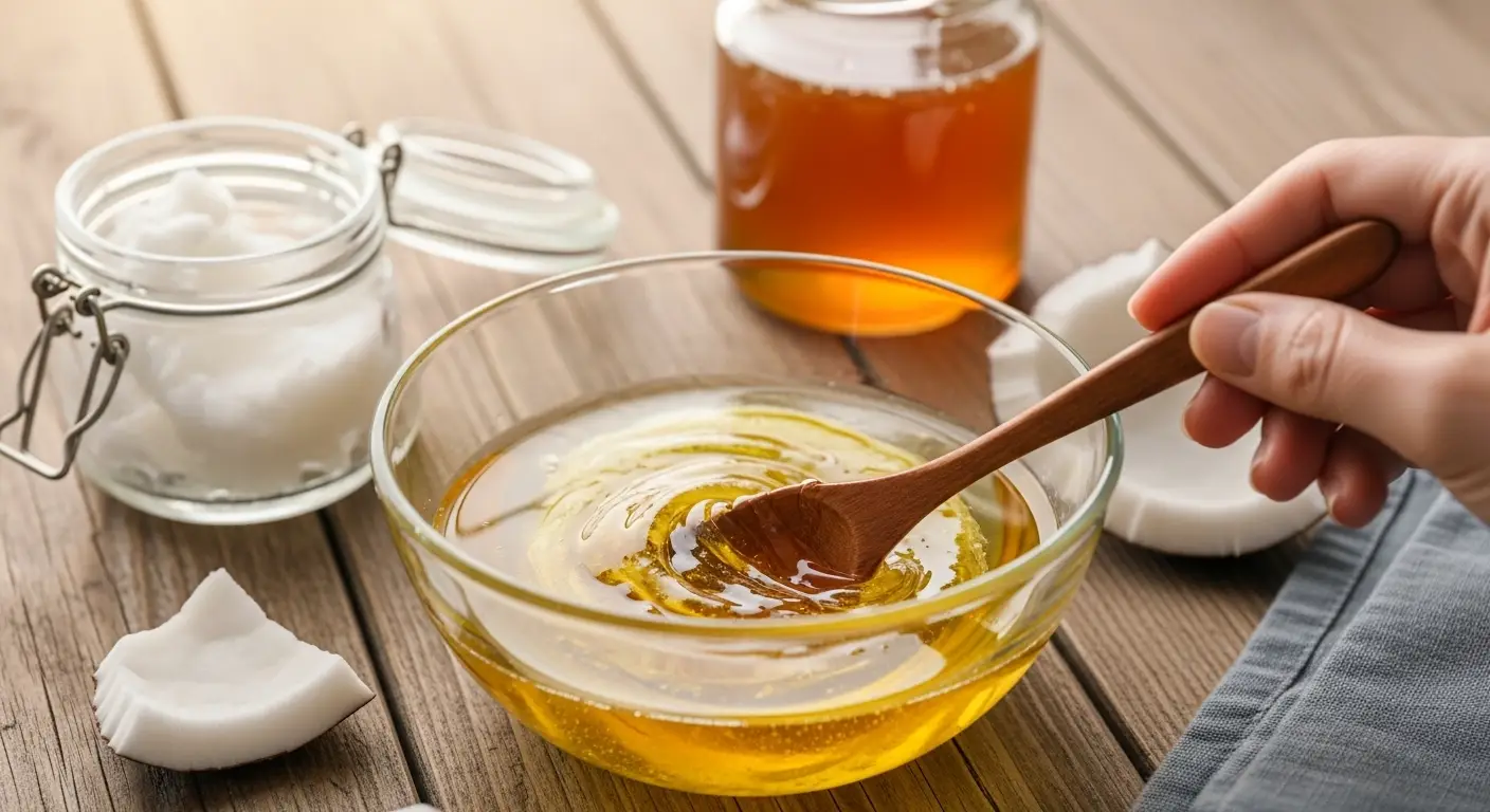 mixing coconut oil and honey DIY hair mask for frizz repair.