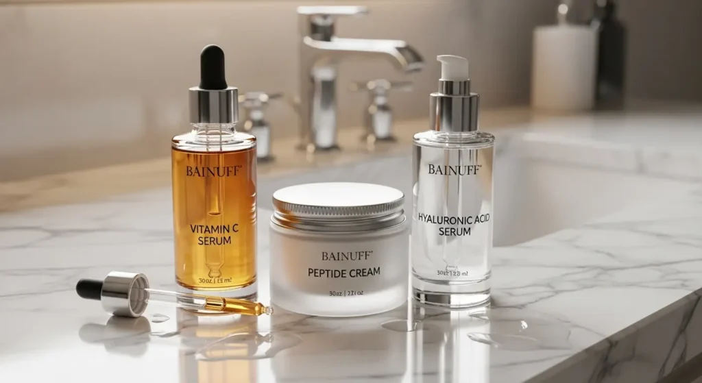 “Expensive beauty products with premium ingredients like peptides and hyaluronic acid”
