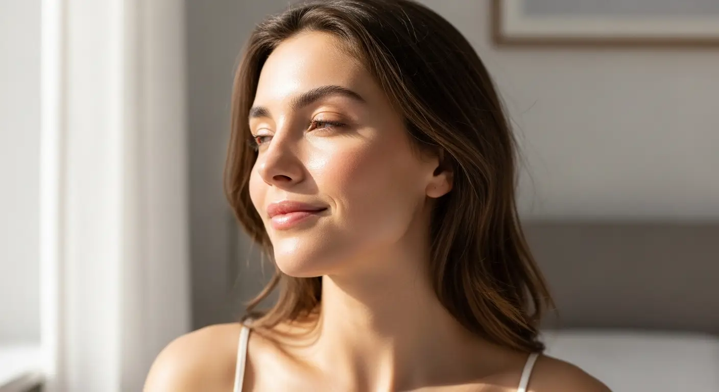 “Woman with glowing skin after overnight skincare routine 2025.”