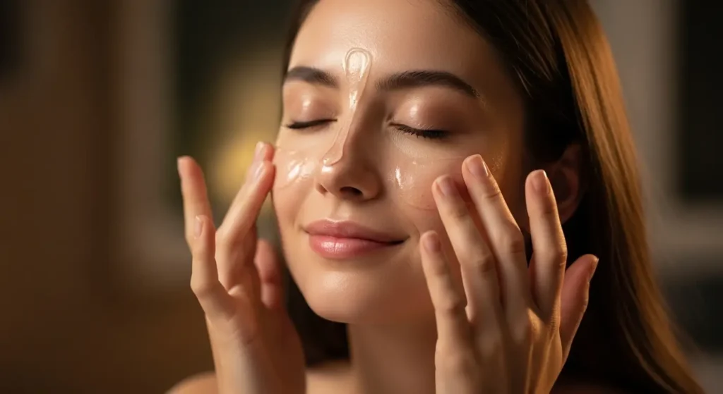 Woman applying night serum for glowing skin overnight