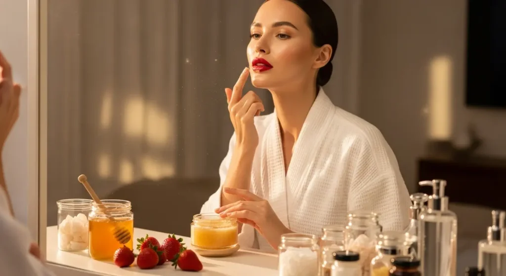 Woman with red lips gently applying sugar lip scrub in front of mirror using natural ingredients