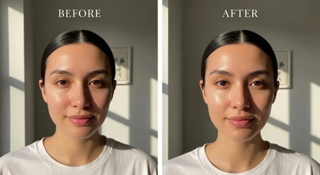 Before and after results showing radiant skin after consistent skin cycling.