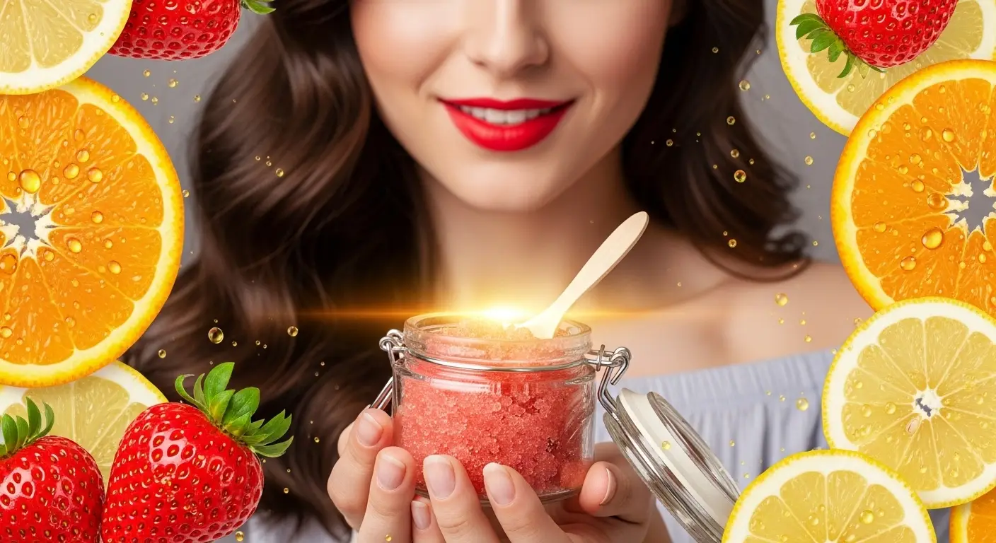Woman with red lips holding a natural lip scrub made of sugar, fruit, and oils