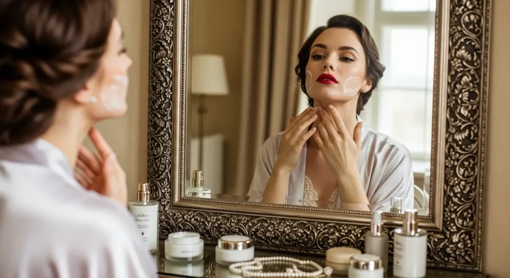Applying skincare to neck and hands red-lipped woman avoiding aging beauty habits