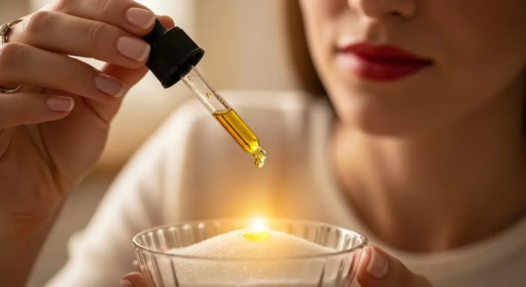 Red‑lipped woman adding oil to sugar for natural lip scrub