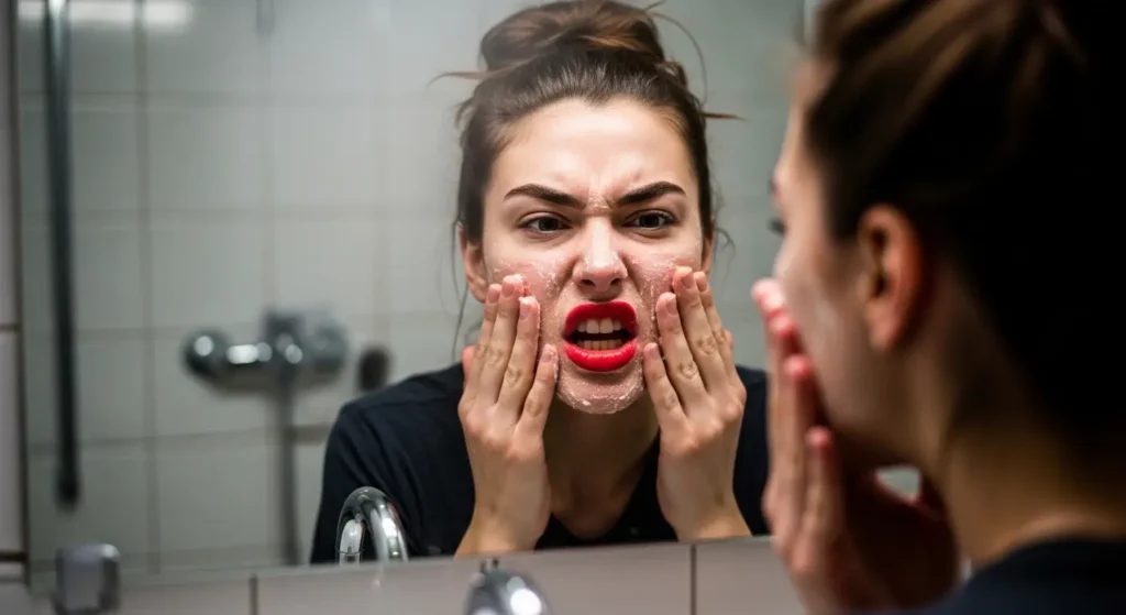 Over-exfoliating damages the skin red-lipped woman overdoing skincare routine