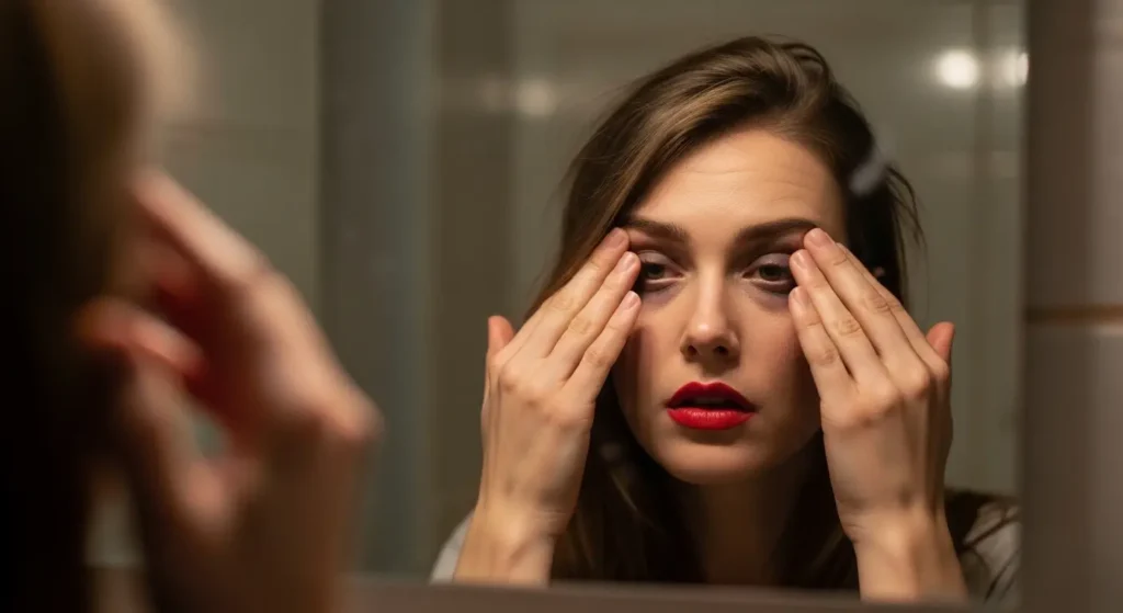 Poor sleep leads to visible signs of aging woman with red lips and tired skin