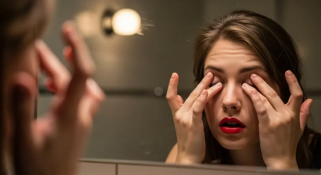 Poor sleep leads to visible signs of aging woman with red lips and tired skin