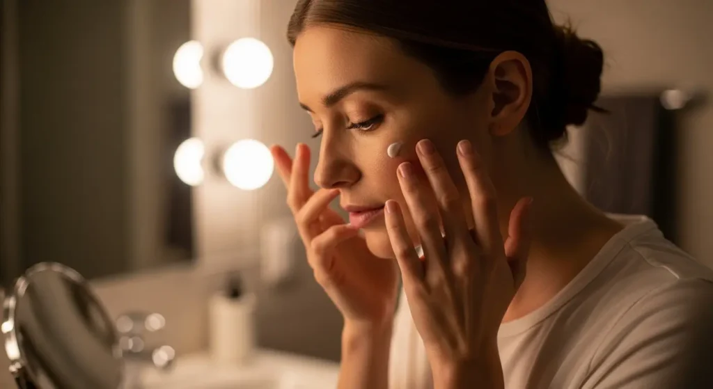 Applying retinoid during skin cycling routine for anti-aging benefits.