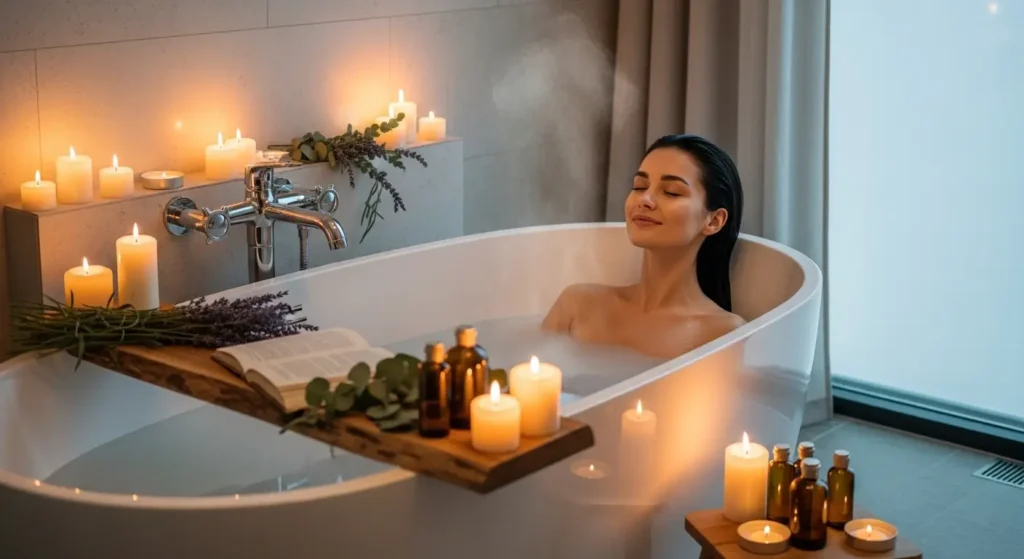 “Woman soaking in a sea mineral bath with Dead Sea salts, candles, and essential oils, highlighting detoxification, relaxation, and glowing skin.”
