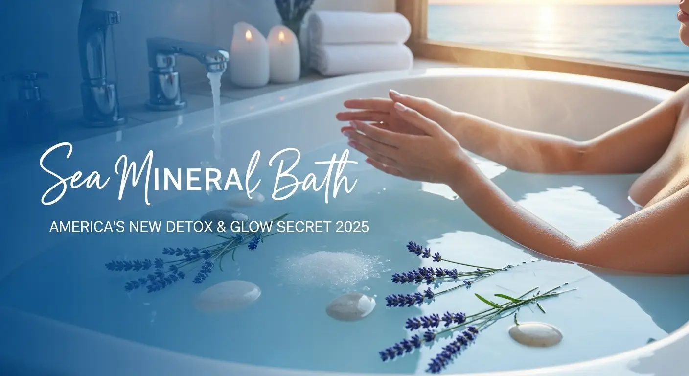 “Woman relaxing in a luxurious sea mineral bath with Dead Sea salts and Himalayan pink salts, surrounded by candles and spa accessories, highlighting detoxification and glowing skin.”