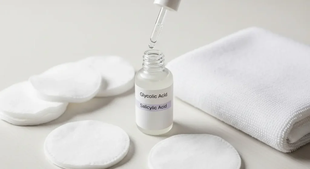 Exfoliation night products for skin cycling routine with glycolic acid and salicylic acid.