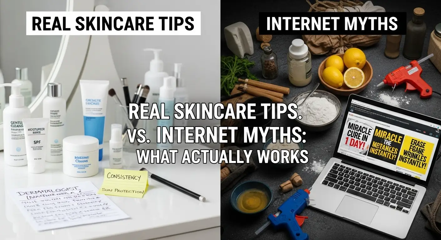 Flat lay of skincare products including cleanser, serum, moisturizer, and sunscreen, emphasizing building an effective skincare routine.