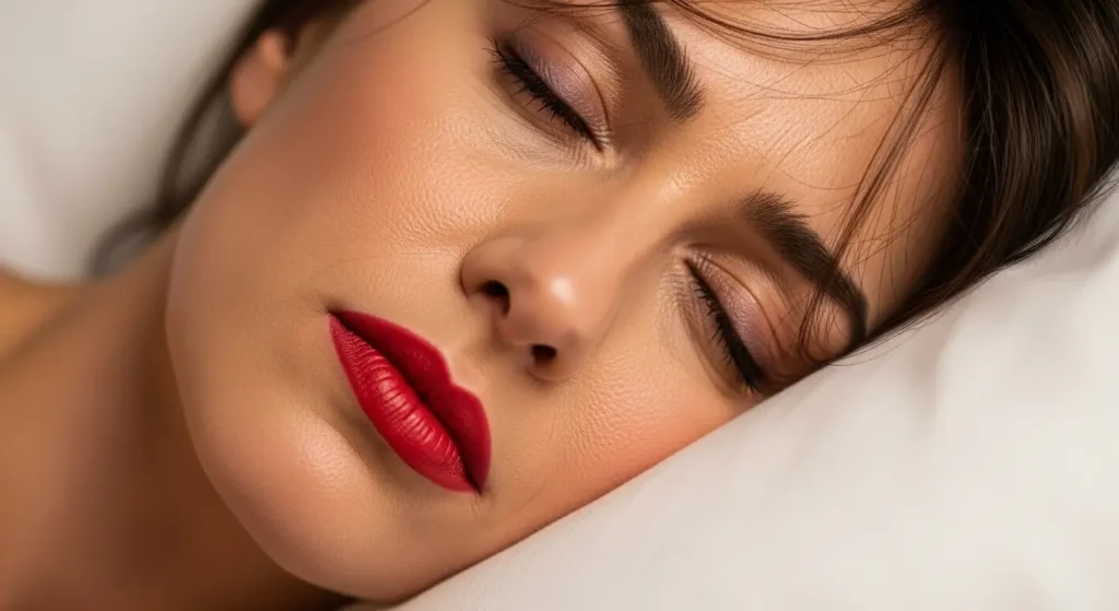Sleeping in makeup is a beauty habit that accelerates aging  woman with red lips asleep