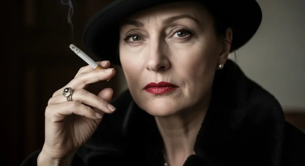 Smoking ruins skin elasticity red-lipped woman showing visible aging signs